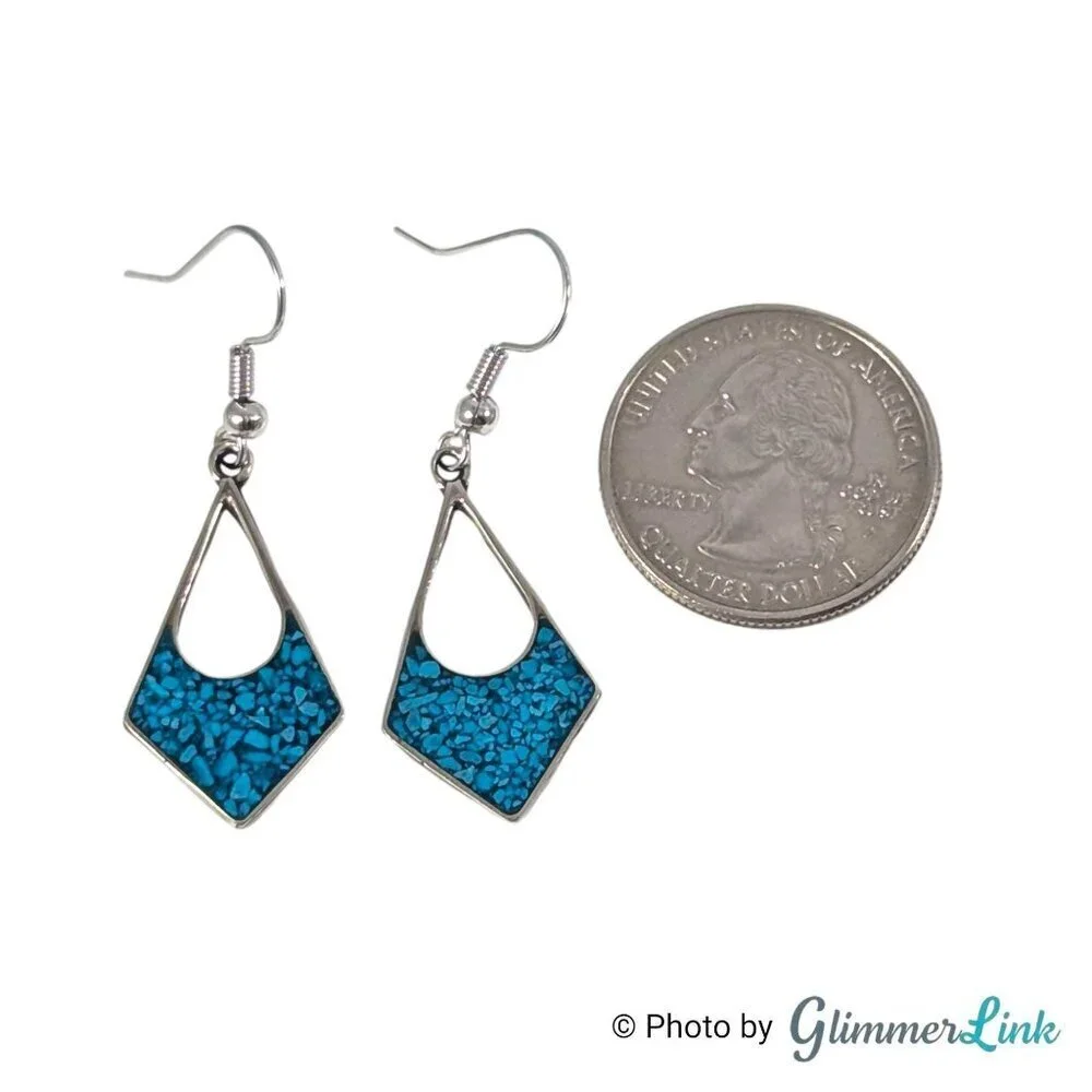 Vintage Mexican Alpaca Diamond Shape Blue Inlay Silver Tone Pierced Earrings